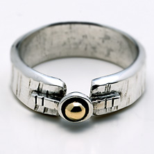 Textured band with gold ball set on a raised section of square wire 