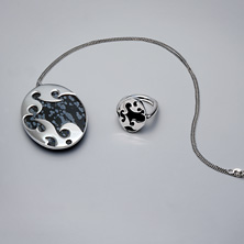 Snowflake Obsidian Set in a decorative and unusual setting 